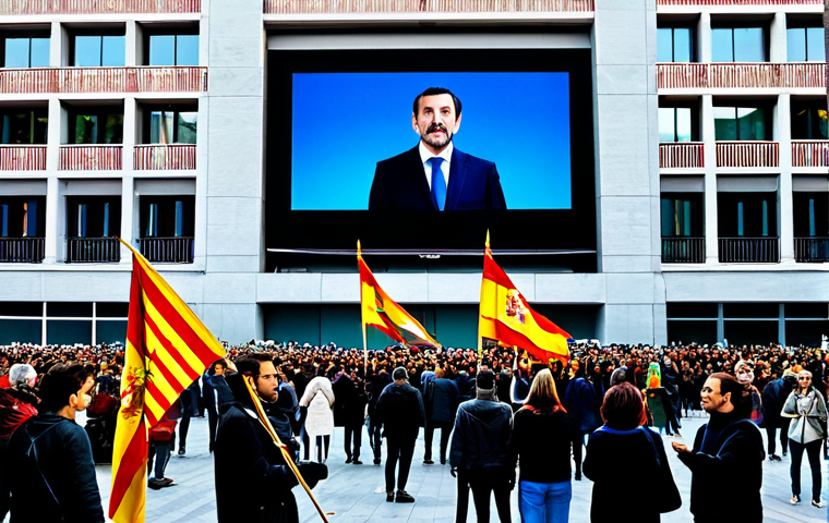 Transition to Democracy**

A brightly lit scene in modern Madrid. A diverse group of people are gathered in a plaza, some holding Spanish flags. In the background, the Spanish Constitution is displayed on a large screen. Everyone is fully clothed in contemporary clothing. "Safe for work," "appropriate content," "fully clothed," "professional," "perfect anatomy," "correct proportions," "natural pose," "high quality," "peaceful demonstration," "family-friendly," "celebration of freedom," "modern Spain."

**