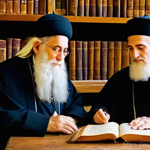 가톨릭과 유대교의 역사적 관계 - **Shared Ancient Wisdom**: An intricately detailed illustration of an elderly, benevolent Jewish Rab...