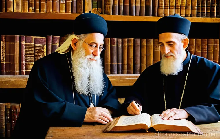 가톨릭과 유대교의 역사적 관계 - **Shared Ancient Wisdom**: An intricately detailed illustration of an elderly, benevolent Jewish Rab...