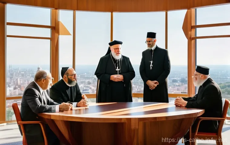 가톨릭과 유대교의 역사적 관계 - **Shared Ancient Wisdom**: An intricately detailed illustration of an elderly, benevolent Jewish Rab...