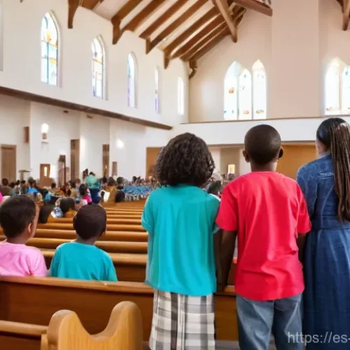 천주교의 다문화 사목 - **A Welcoming Mosaic of Faith:** A brightly lit, modern Catholic church interior, bustling with a di...
