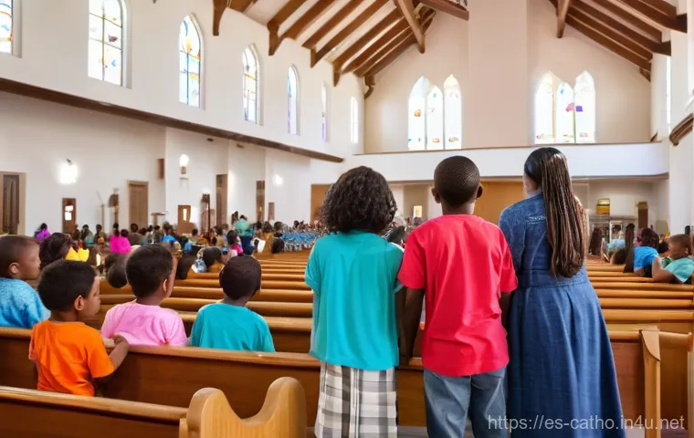 천주교의 다문화 사목 - **A Welcoming Mosaic of Faith:** A brightly lit, modern Catholic church interior, bustling with a di...
