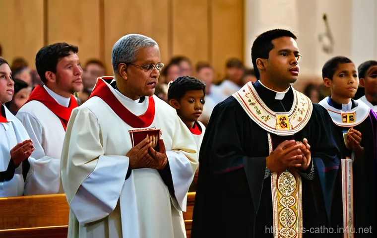 천주교의 다문화 사목 - **A Welcoming Mosaic of Faith:** A brightly lit, modern Catholic church interior, bustling with a di...