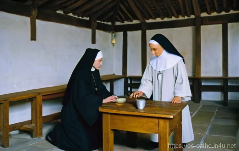 가톨릭 병원의 역사 - **Prompt:** A serene and humble early Christian "xenodochium" (house of hospitality) in the 4th cent...