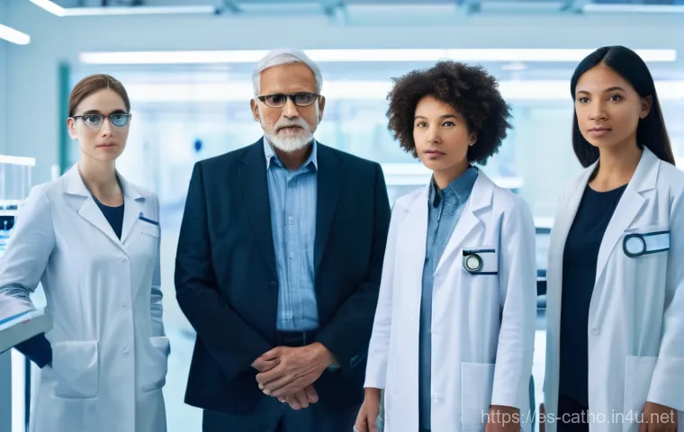 카톨릭에서의 생명 윤리 - **Prompt:** A group of diverse scientists, both male and female, of varying ages and ethnicities, st...