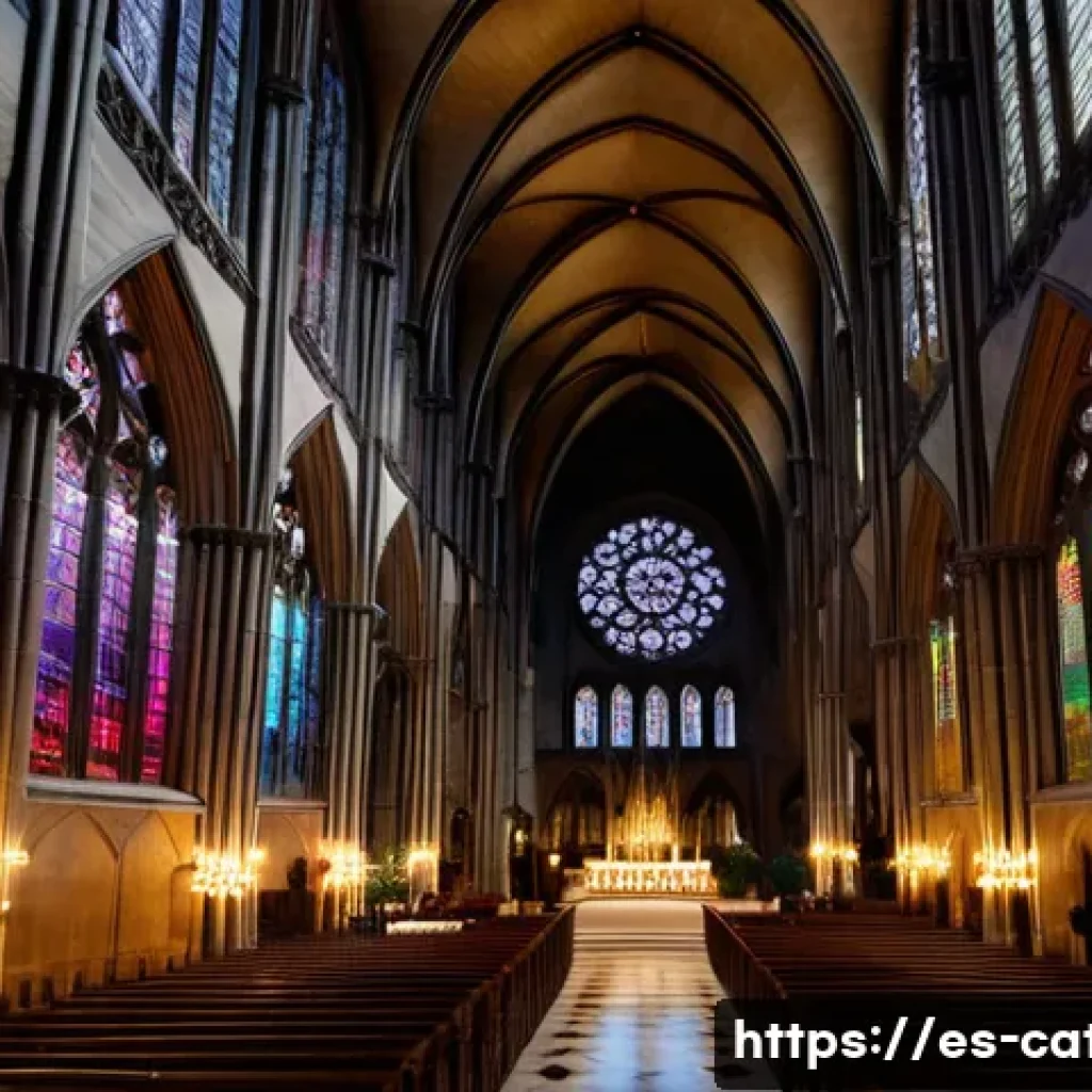 가톨릭과 유럽 문화의 관계 - **Prompt:** A majestic and grand interior view of a Gothic cathedral, bathed in a soft, ethereal lig...
