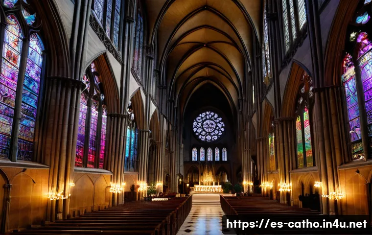 가톨릭과 유럽 문화의 관계 - **Prompt:** A majestic and grand interior view of a Gothic cathedral, bathed in a soft, ethereal lig...