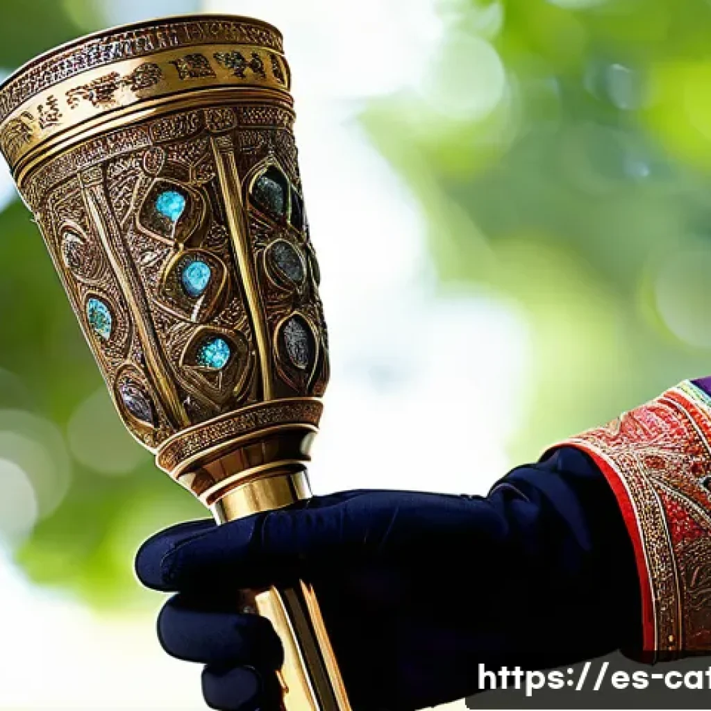 성화 제작의 전통과 기술 - A meticulously crafted sacred torch made from polished bronze with intricate cultural engravings and...