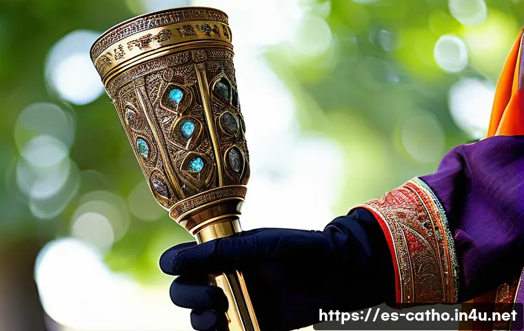 성화 제작의 전통과 기술 - A meticulously crafted sacred torch made from polished bronze with intricate cultural engravings and...