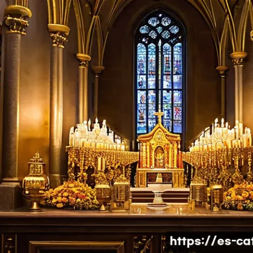 가톨릭 성인들의 유해 보존 - A richly decorated Catholic chapel interior in Spain during a religious festival, featuring ornate g...