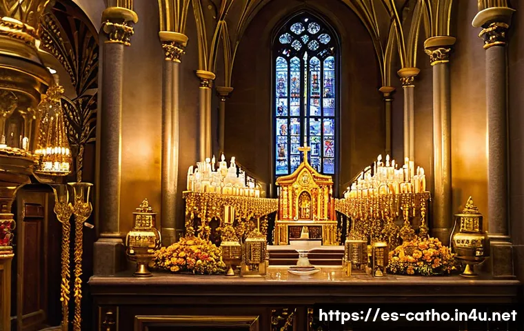 가톨릭 성인들의 유해 보존 - A richly decorated Catholic chapel interior in Spain during a religious festival, featuring ornate g...