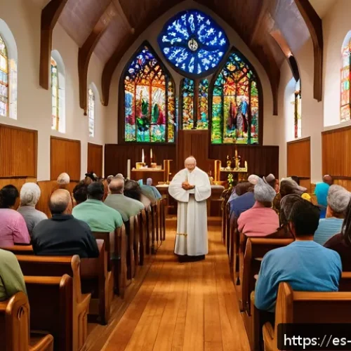 성경 해석의 카톨릭 전통 - A warm, inviting Catholic church interior filled with a diverse group of adult parishioners engaging...