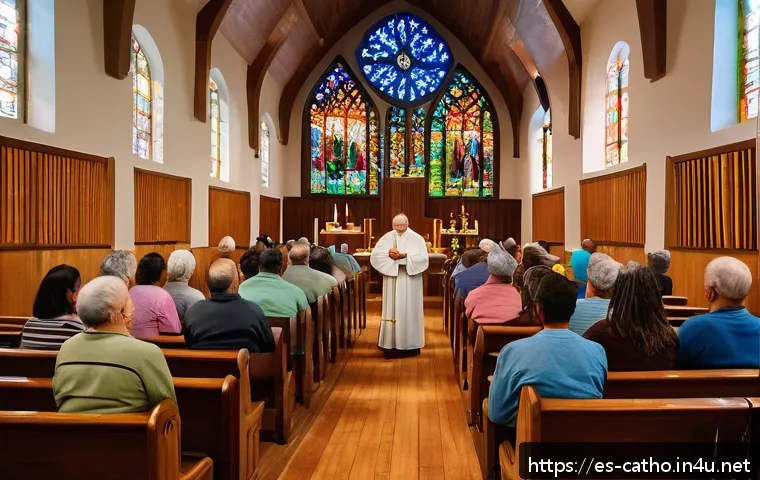 성경 해석의 카톨릭 전통 - A warm, inviting Catholic church interior filled with a diverse group of adult parishioners engaging...