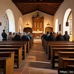 가톨릭과 성서 번역 역사 - A vibrant scene of a 16th-century Spanish village church interior during a Bible reading in vernacul...