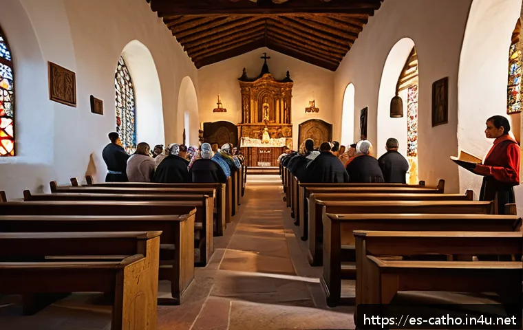 가톨릭과 성서 번역 역사 - A vibrant scene of a 16th-century Spanish village church interior during a Bible reading in vernacul...