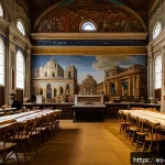 가톨릭과 르네상스 예술 - A grand Renaissance-era workshop bustling with activity, showing master artists like Michelangelo an...