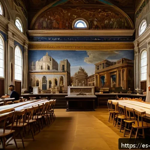 가톨릭과 르네상스 예술 - A grand Renaissance-era workshop bustling with activity, showing master artists like Michelangelo an...