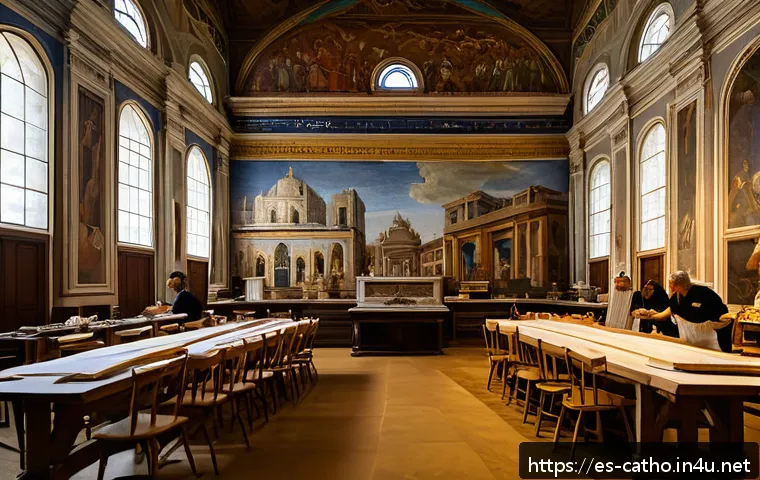 가톨릭과 르네상스 예술 - A grand Renaissance-era workshop bustling with activity, showing master artists like Michelangelo an...